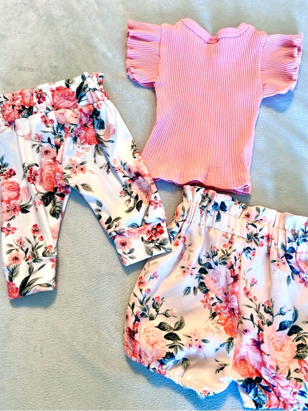 Baby Girl 3 Piece Set - 0-3 Months Cute Floral Coral Top and Matching Bottoms